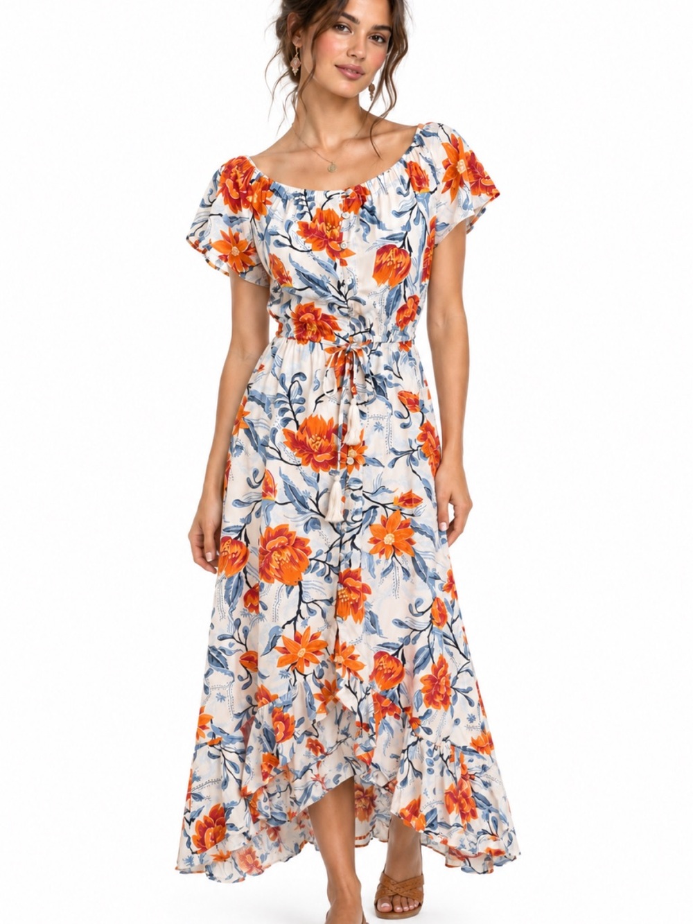 Abel The Label Ocean Breeze High-Low Floral Maxi Dress in Orange & Blue